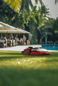 Robotic mower operating autonomously on estate property to demonstrate year-two ROI
