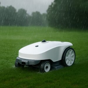 robot lawn mower pausing before mowing damp grass after rainfall